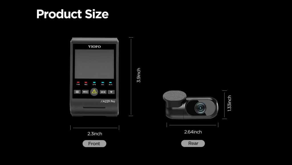 Dimensiones de la Dashcam Viofo A229 Pro y cámara trasera