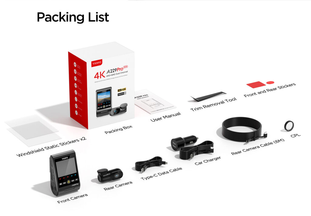 Contenido de la caja Dashcam Viofo A229 Pro 2CH