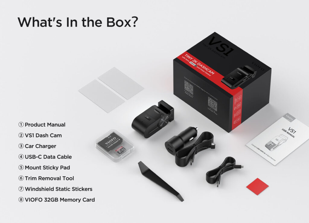 Contenido de la caja Viofo VS1 y accesorios incluidos